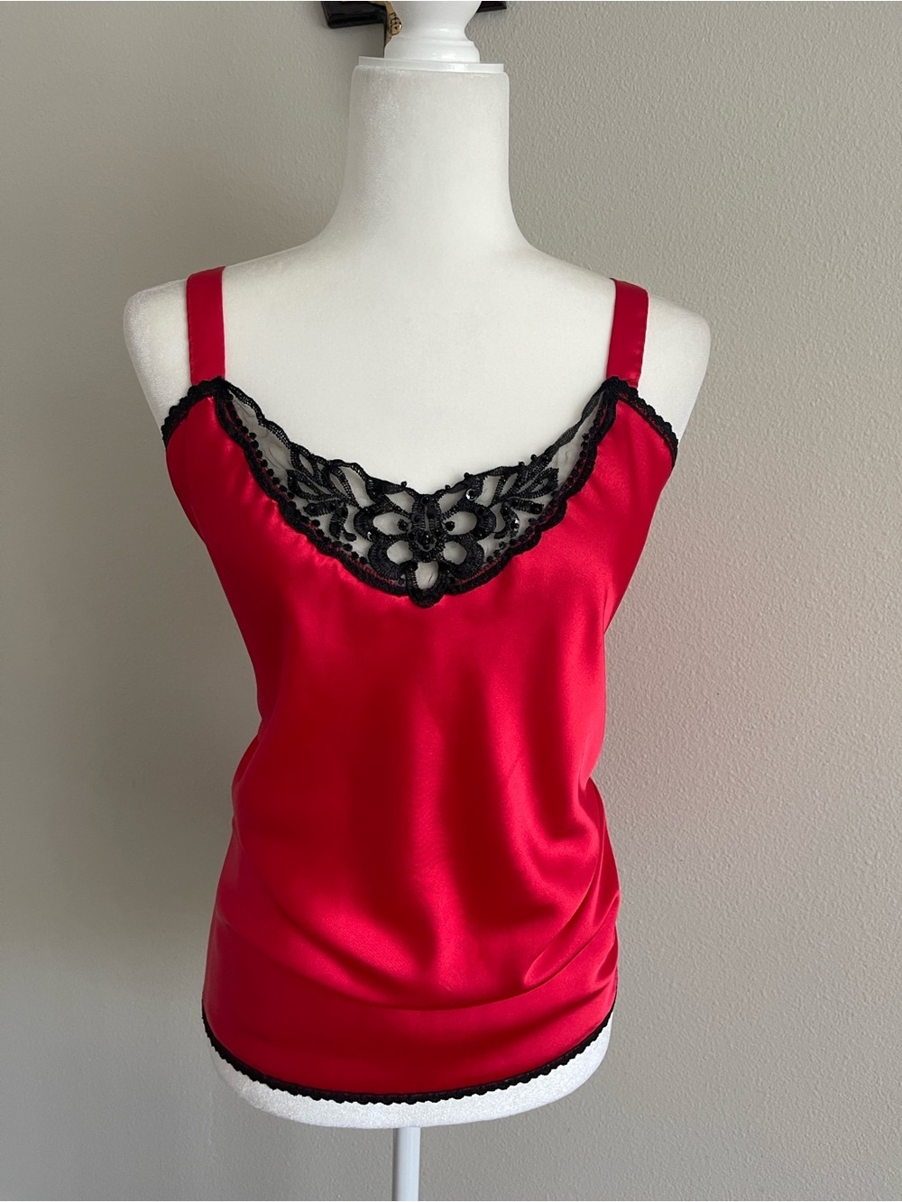 Red Satin Camisole with Black Lace Trim